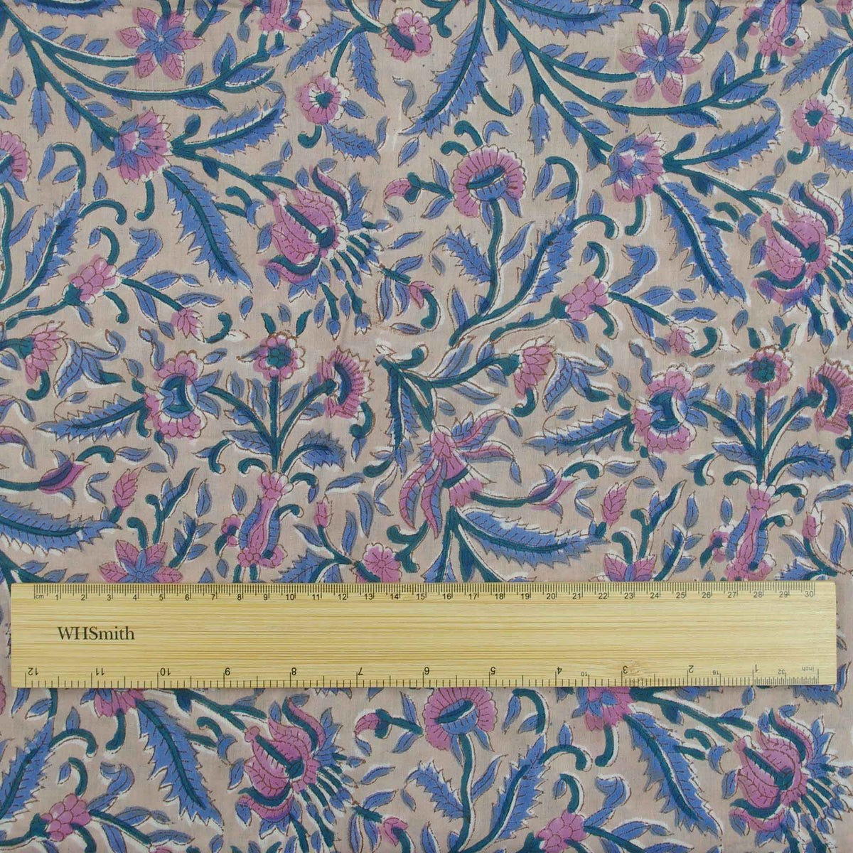 Block Print Pink Blue Wild Flowers On Latte Women Dress Fabric Design 646