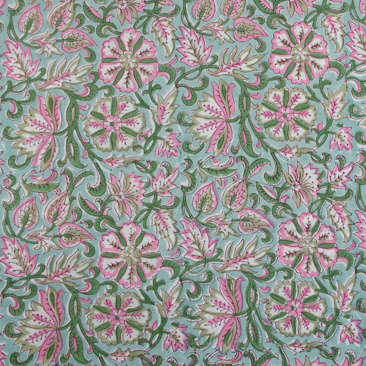 Block Print Green & Pink Floral Jaal On Pool Women Dress Fabric Design 647