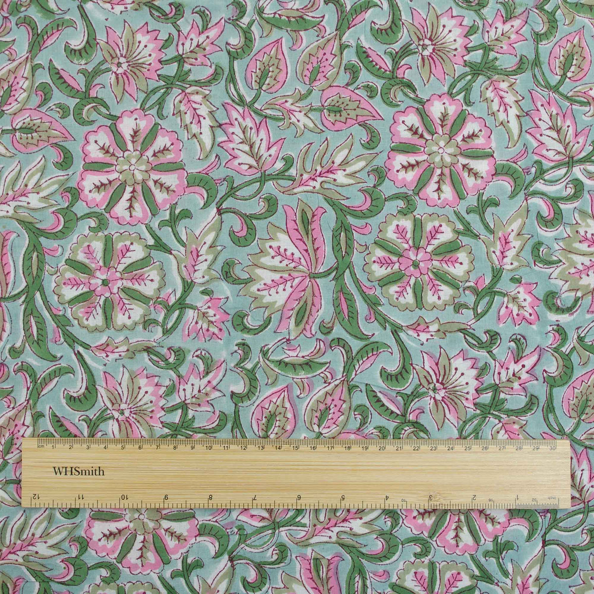 Block Print Green & Pink Floral Jaal On Pool Women Dress Fabric Design 647