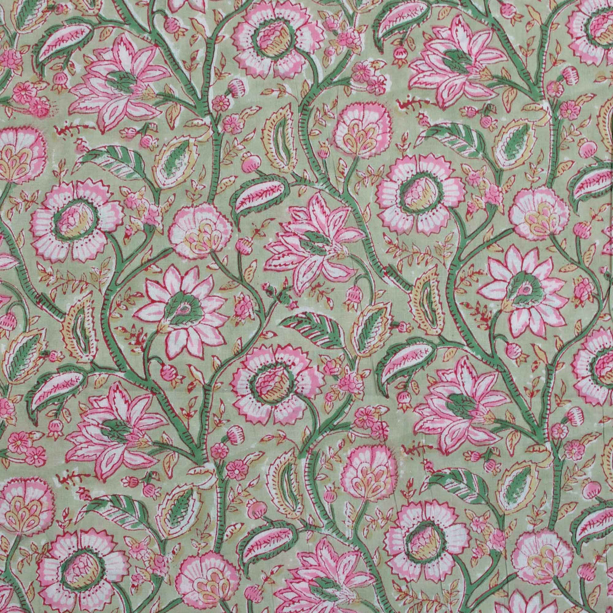 Block Print Green Pink Floral Jaal On Sage Women Dress Fabric Design 649