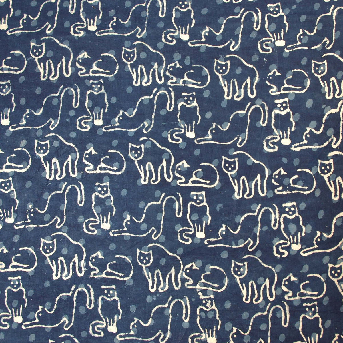 Block Print Fabric - Indigo White Cat Print- Design 661