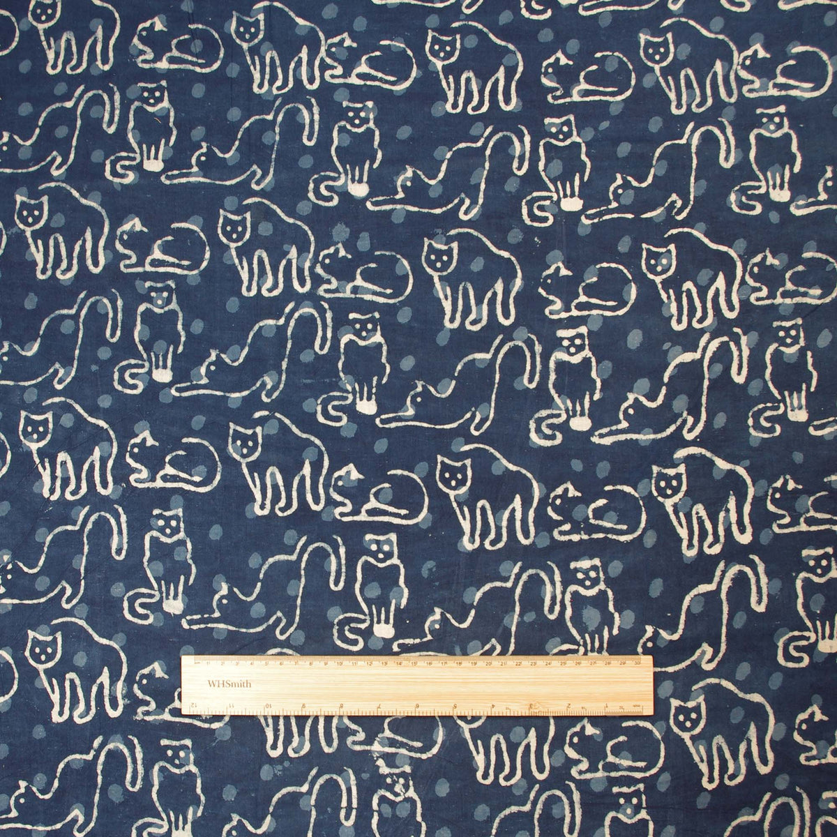 Block Print Fabric - Indigo White Cat Print- Design 661