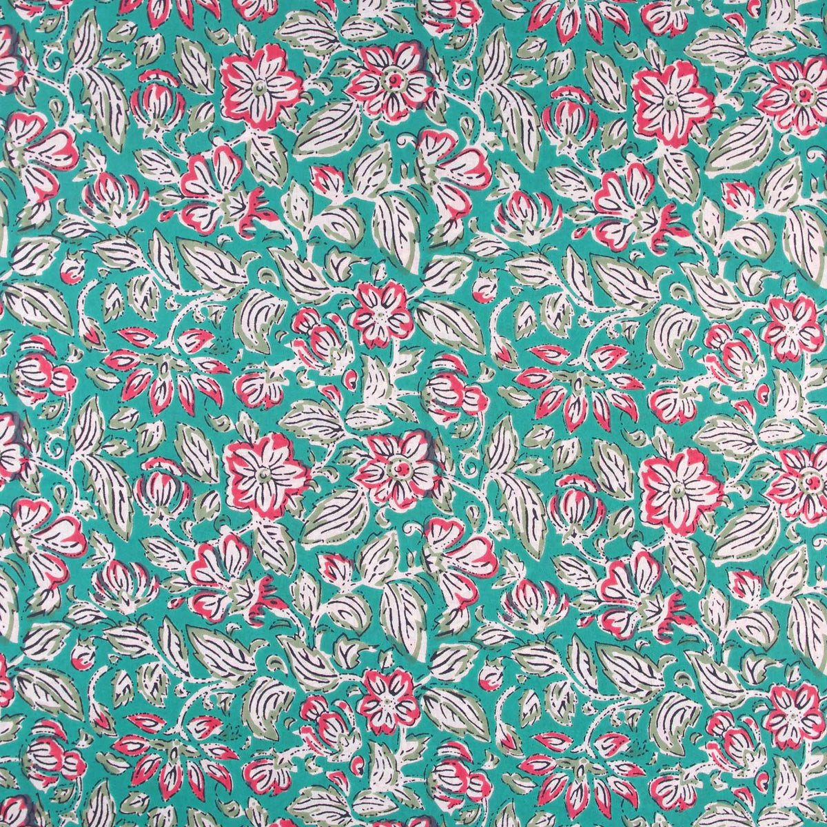 Block Print Teal & Apple Floral Jaal Women Dress Fabric Design 677