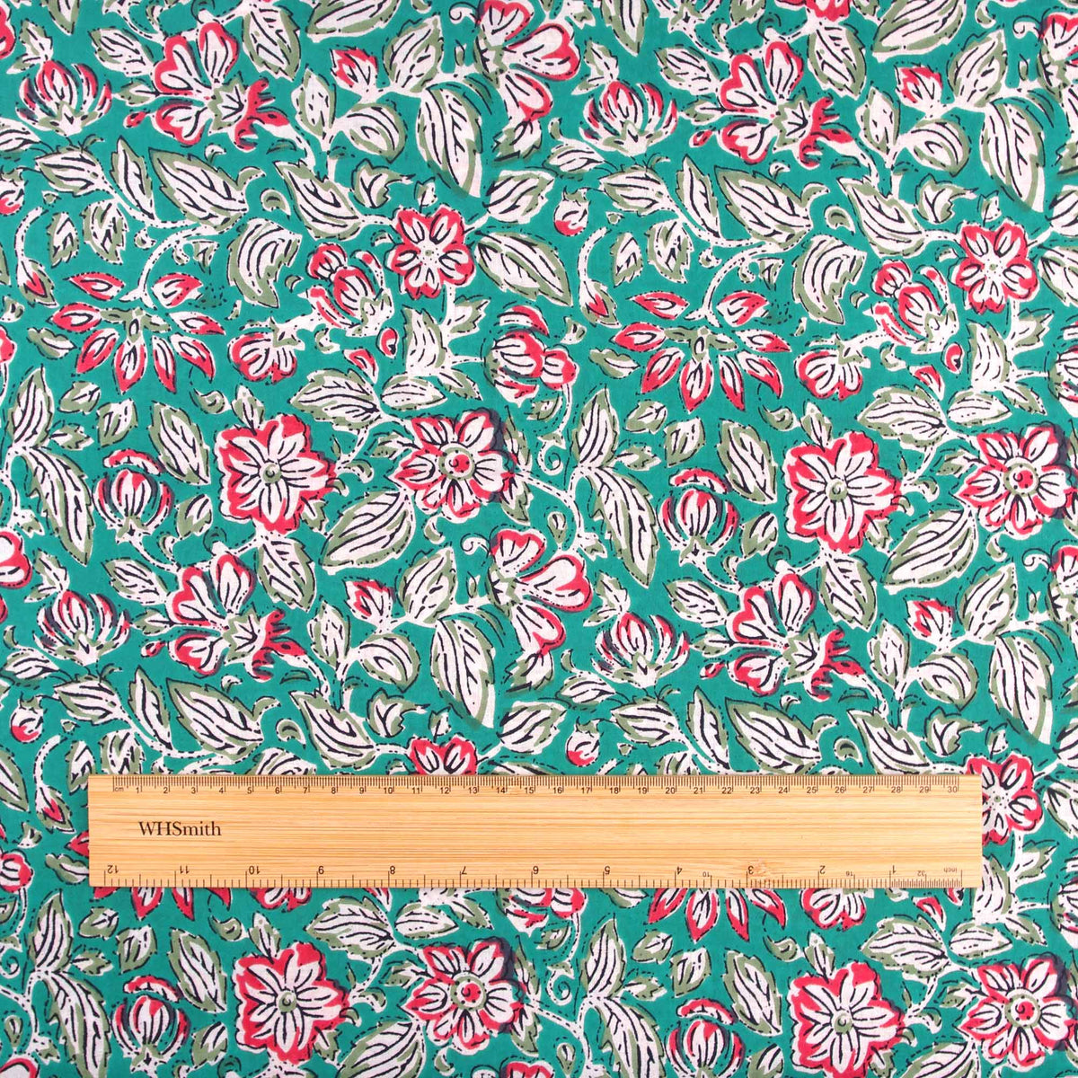 Block Print Teal & Apple Floral Jaal Women Dress Fabric Design 677