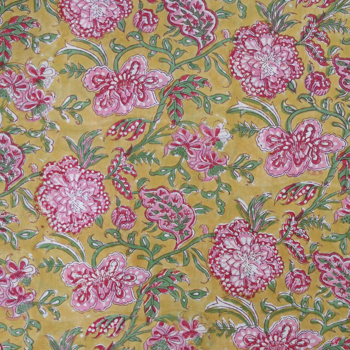 Indian Hand Block Print Mustard Pink Floral Jaal 100% Cotton Women Dress Fabric Design 679