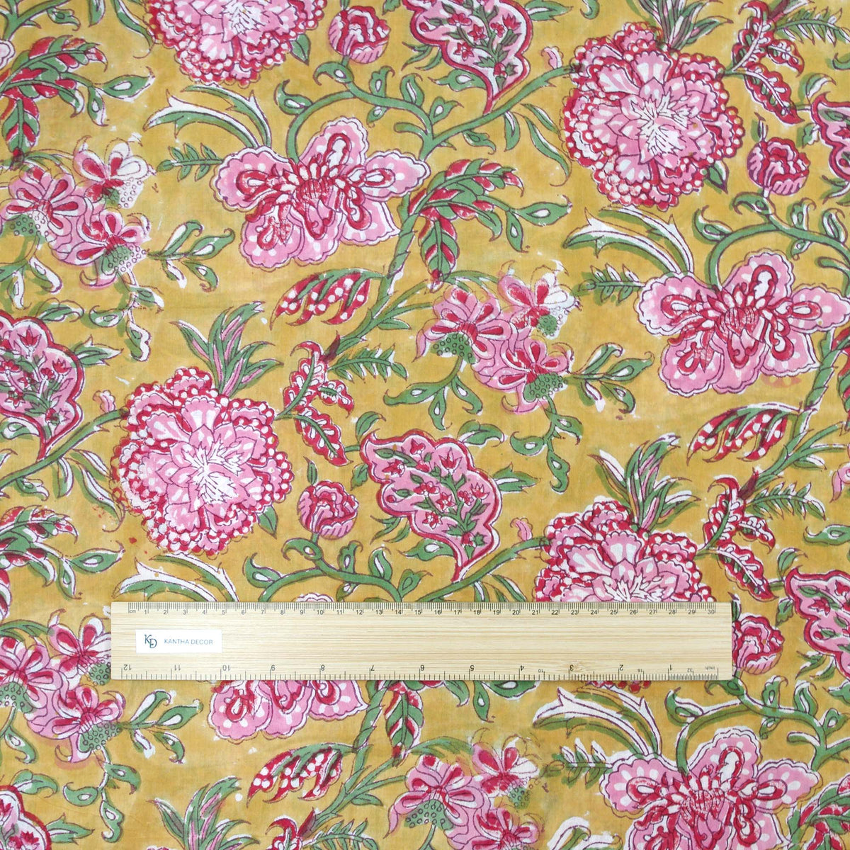 Indian Hand Block Print Mustard Pink Floral Jaal 100% Cotton Women Dress Fabric Design 679