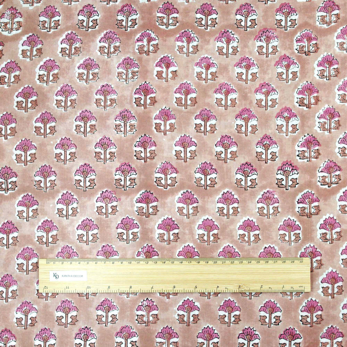 Indian Hand Block Pink Small Floral On Warm Beige 100% Cotton Women Dress Fabric Design 681