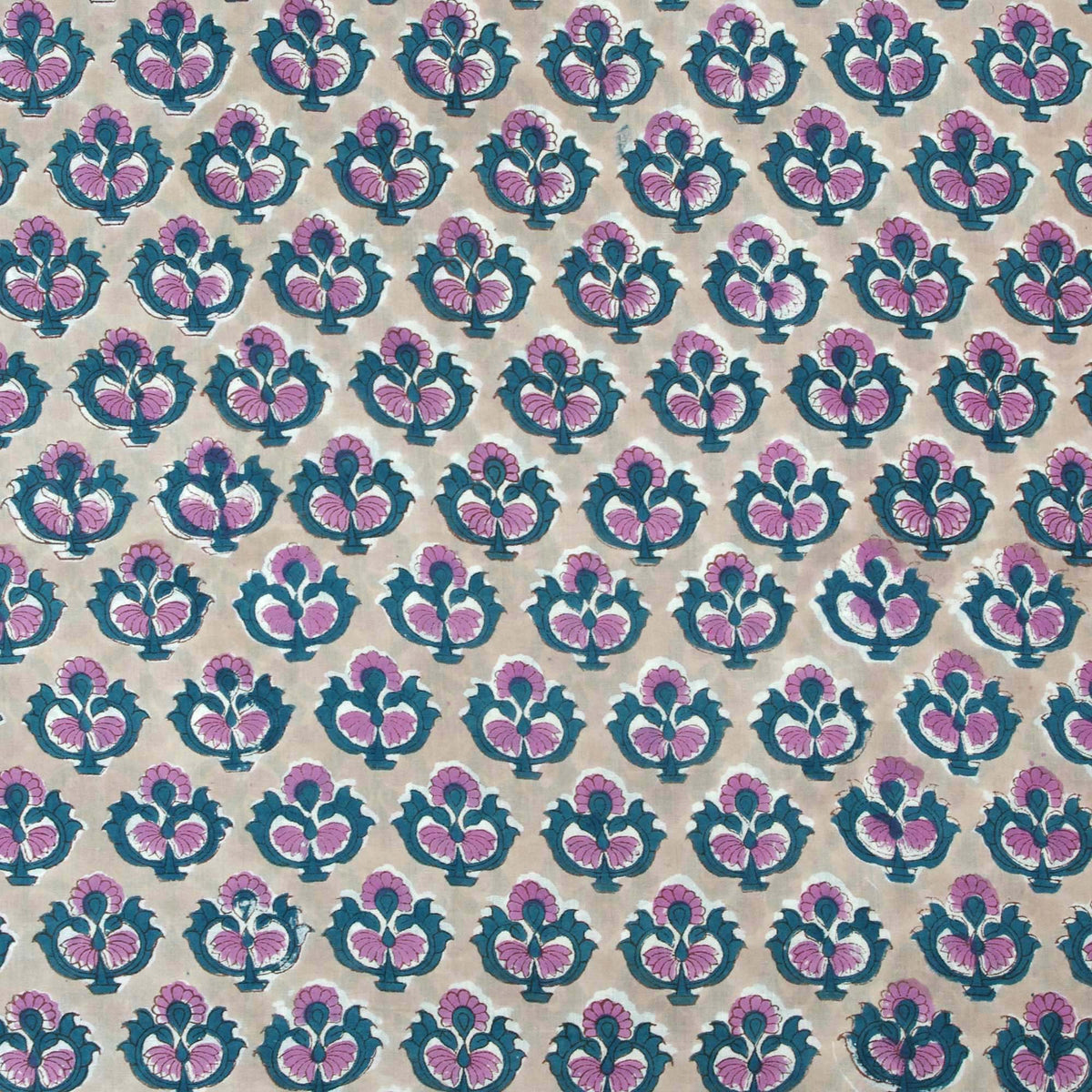 Indian Hand Block Peacock Blooming Print On Beige 100% Cotton Women Dress Fabric Design 682