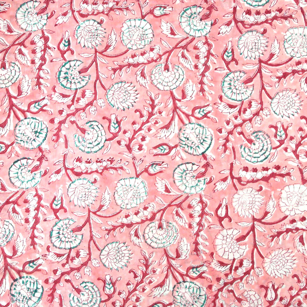 Indian Hand Block Print Peach & Red Floral 100% Cotton Women Dress Fabric Design 684