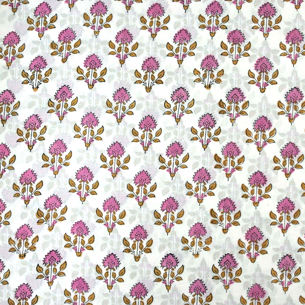 Indian Hand Block Print White Pink Floral Buti 100% Cotton Women Dress Fabric Design 686