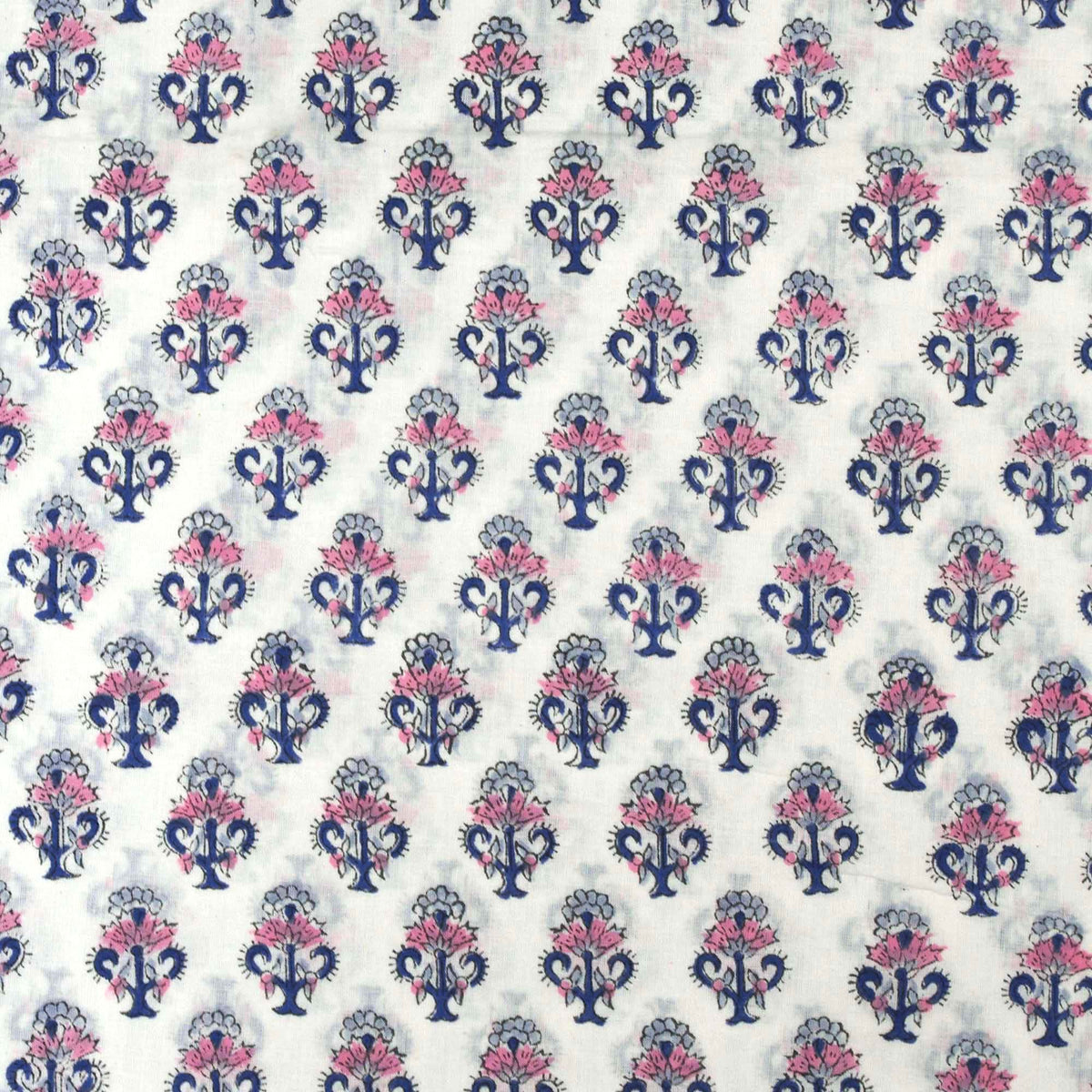 Indian Hand Block Pink & Blue Floral Motifs Print 100% Cotton Women Dress Fabric Design 688