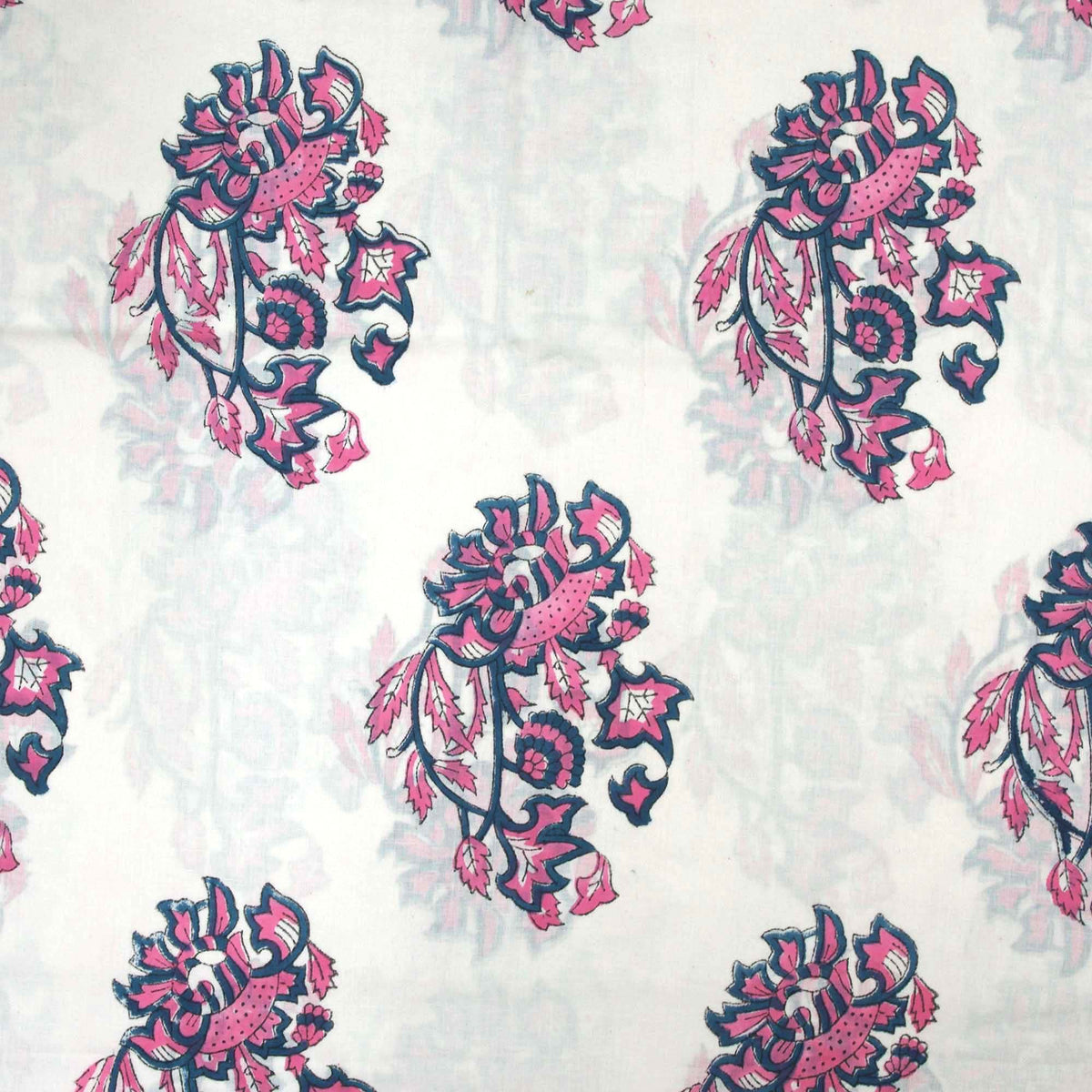 Indian Hand Block Print Pink Foliage On White 100% Cotton Women Dress Fabric Design 689