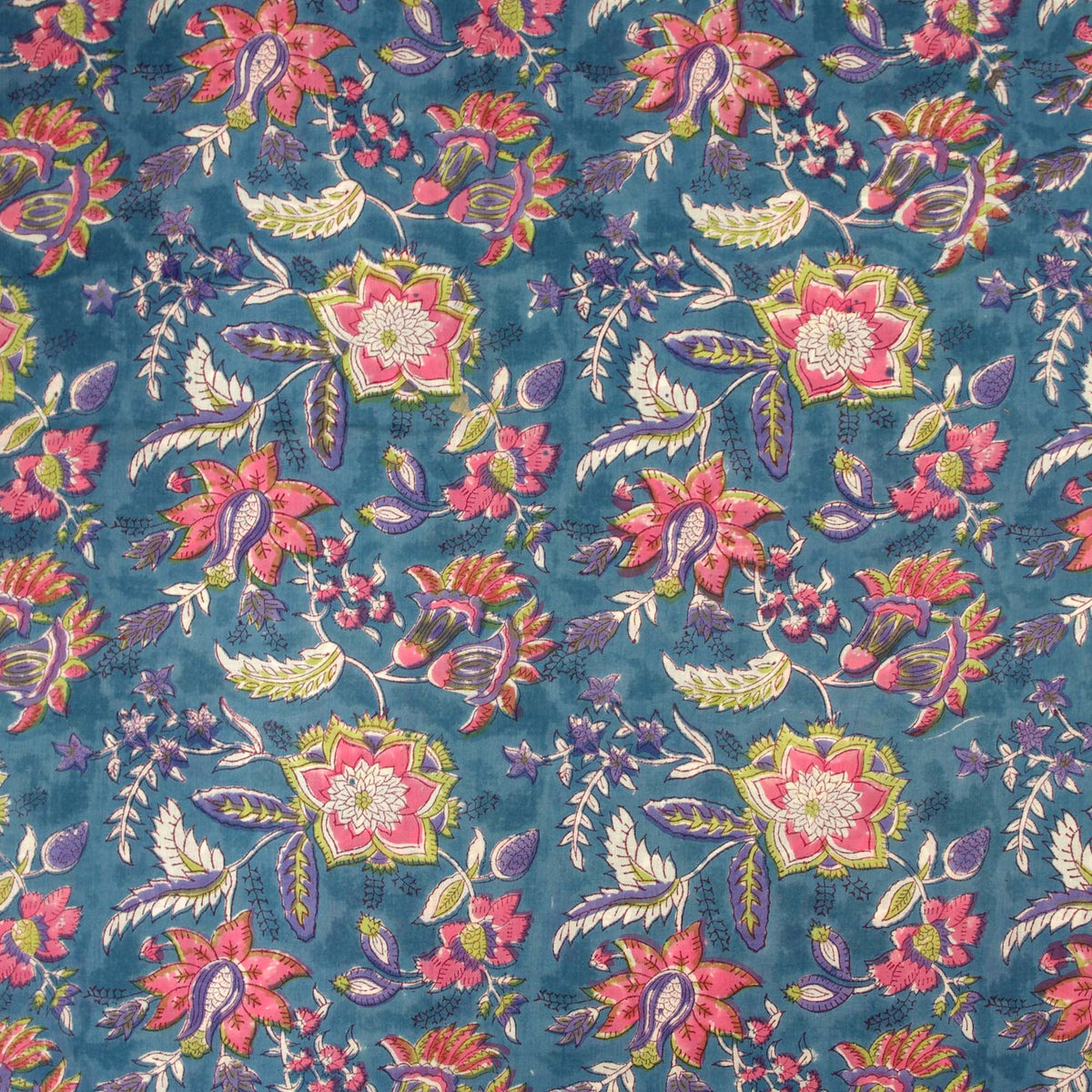 Indian Hand Block Blue Pink Floral Jaal Print 100% Cotton Women Dress Fabric Design 691