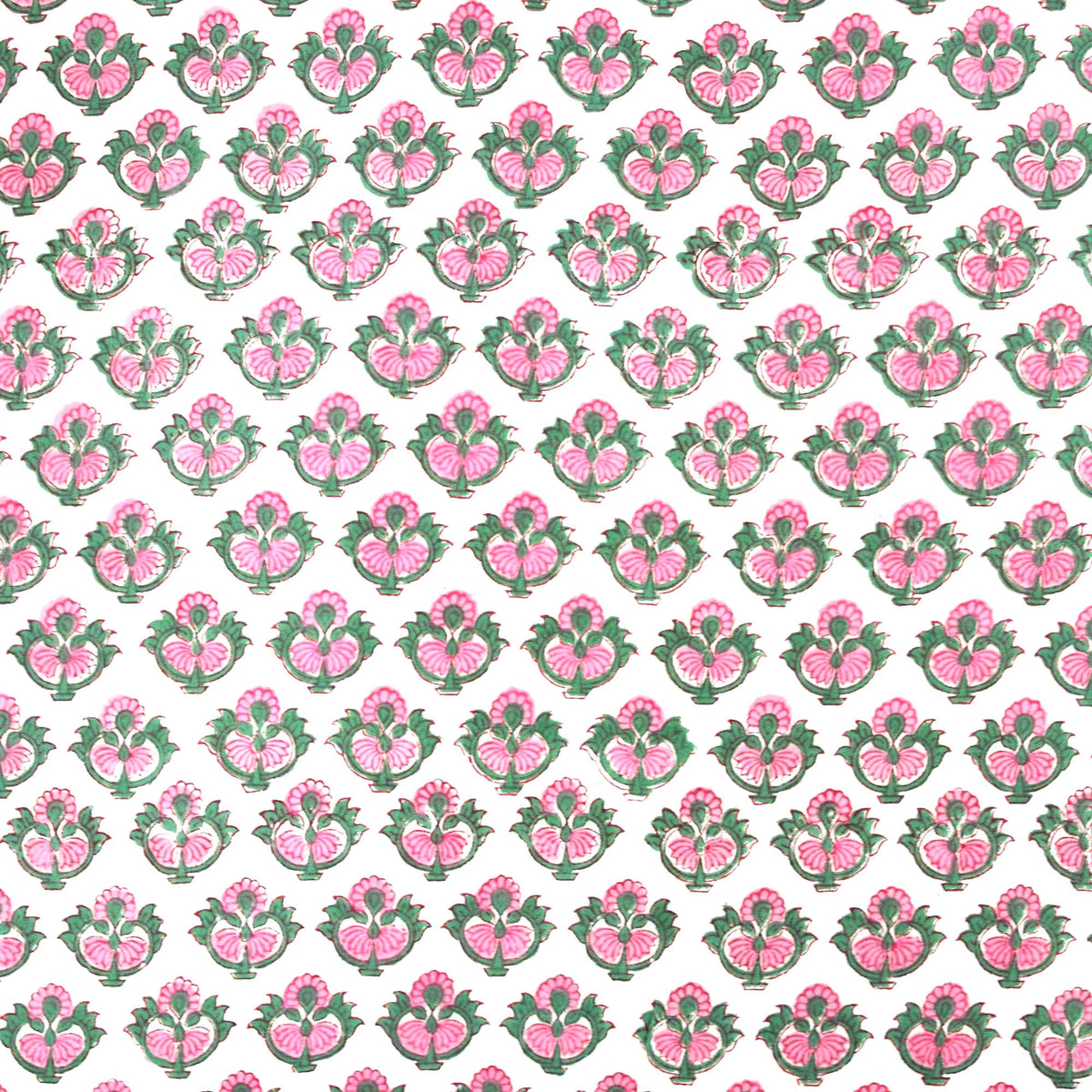 Indian Hand Block Pink Peacock On White Base 100% Cotton Women Dress Fabric Design 694