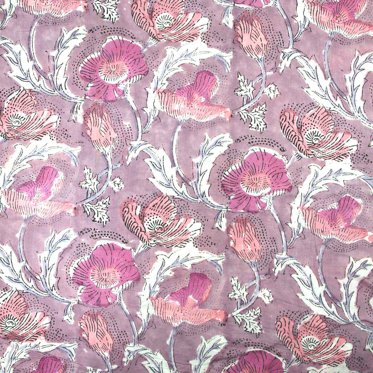 Indian Hand Block Lilac Poppy Floral Print 100% Cotton Women Dress Fabric Design 697