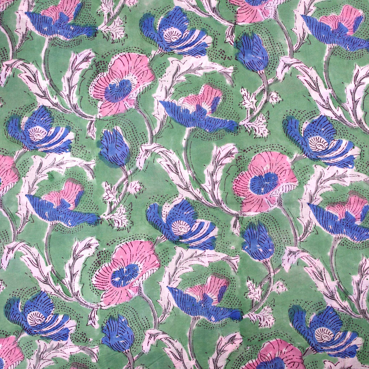 Indian Hand Block Green Pink Poppy On Green Base Print 100% Cotton Women Dress Fabric Design 698