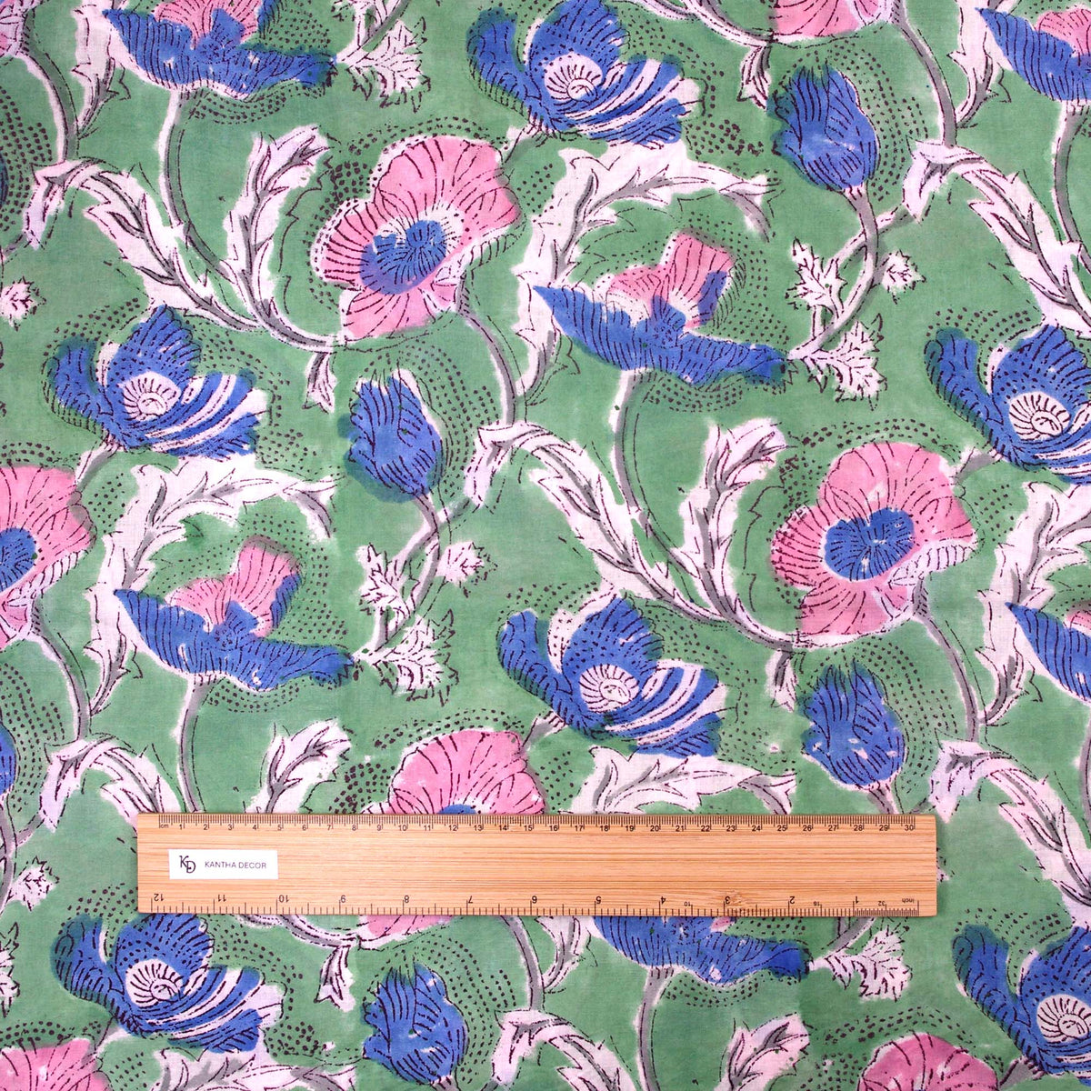 Indian Hand Block Green Pink Poppy On Green Base Print 100% Cotton Women Dress Fabric Design 698