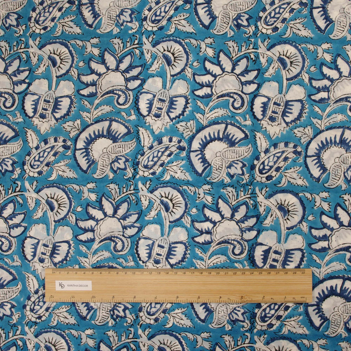 Indian Hand Block Blue White Floral Print 100% Cotton Women Dress Fabric Design 699