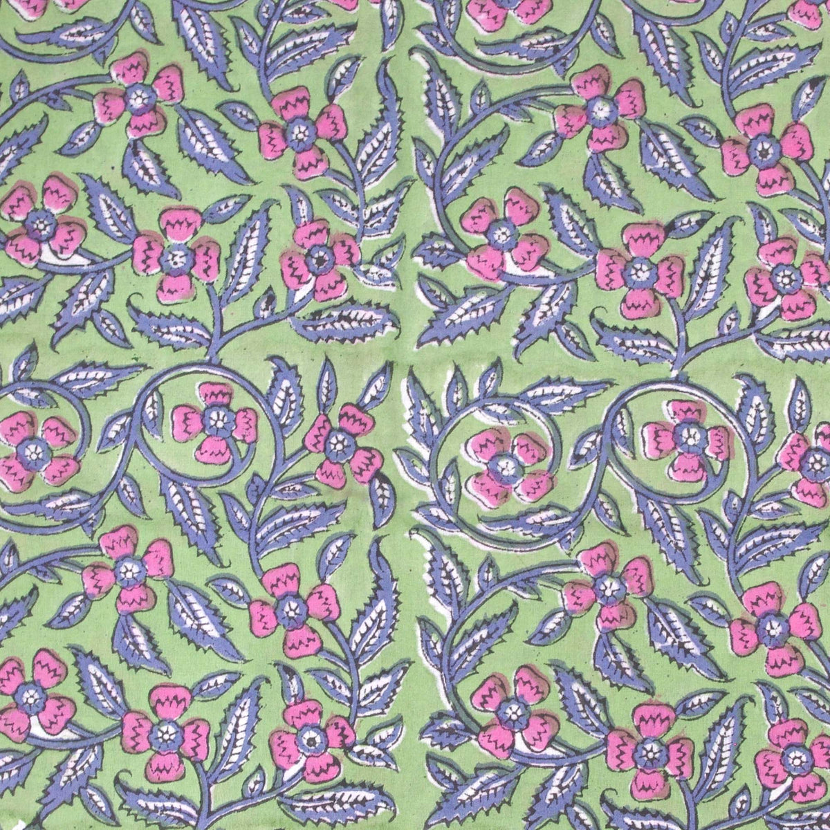 Indian Hand Block Green Floral Jaal Print 100% Cotton Women Dress Fabric Design 704