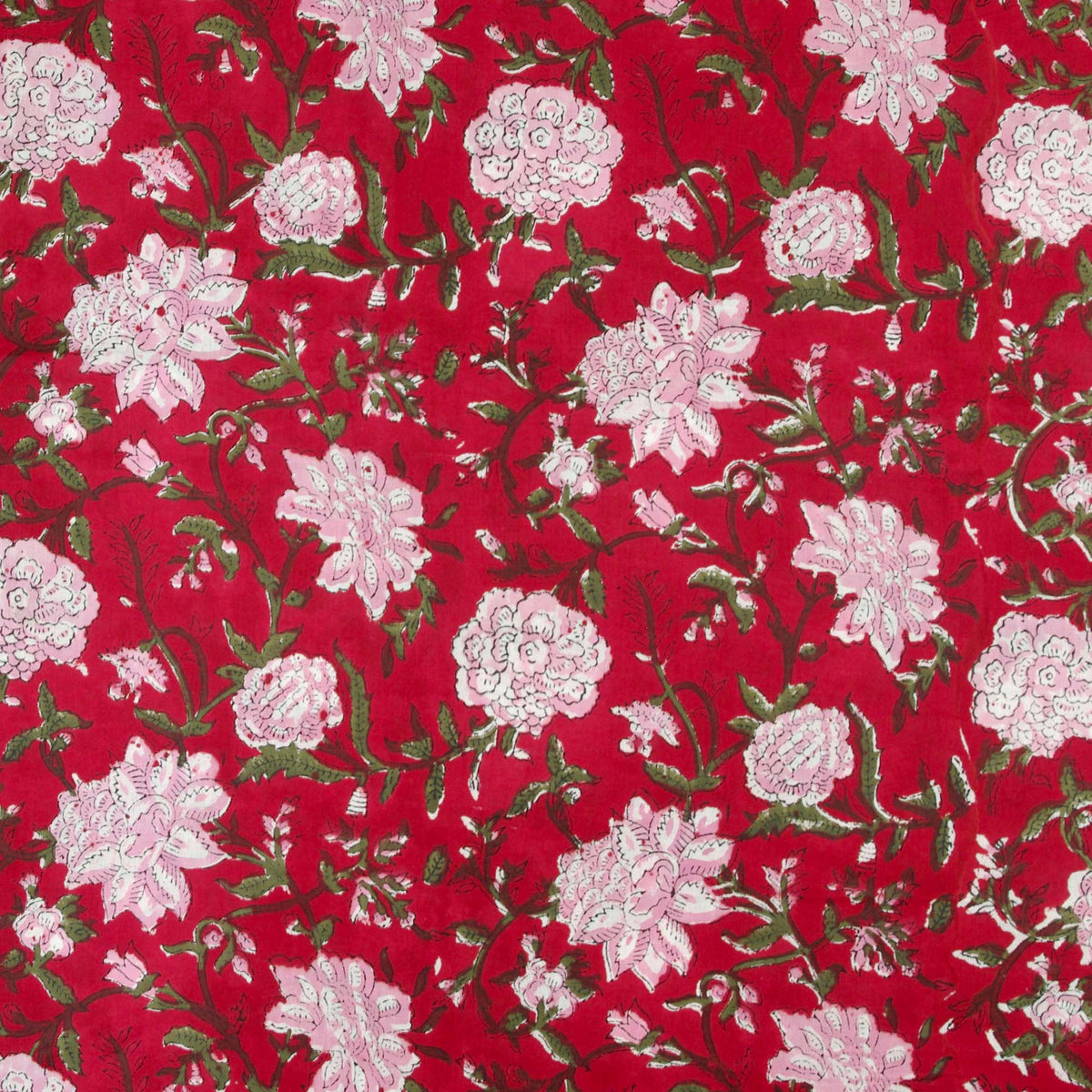 Indian Hand Block Pink Floral Jaal On Red Base Print 100% Cotton Women Dress Fabric Design 706