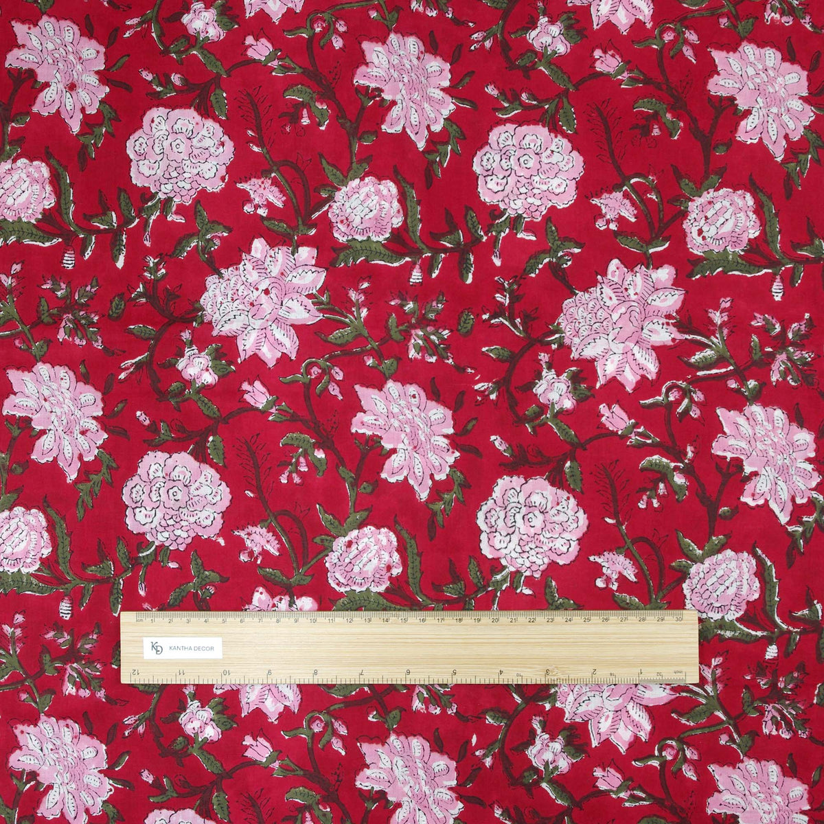 Indian Hand Block Pink Floral Jaal On Red Base Print 100% Cotton Women Dress Fabric Design 706