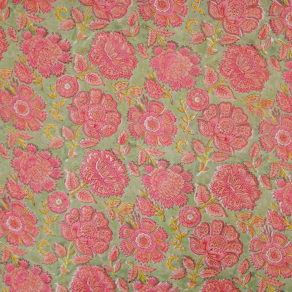 Indian Hand Block Printed 100 % Cotton Fabric-Pink Blooms On Green Pattern ( Design 737)