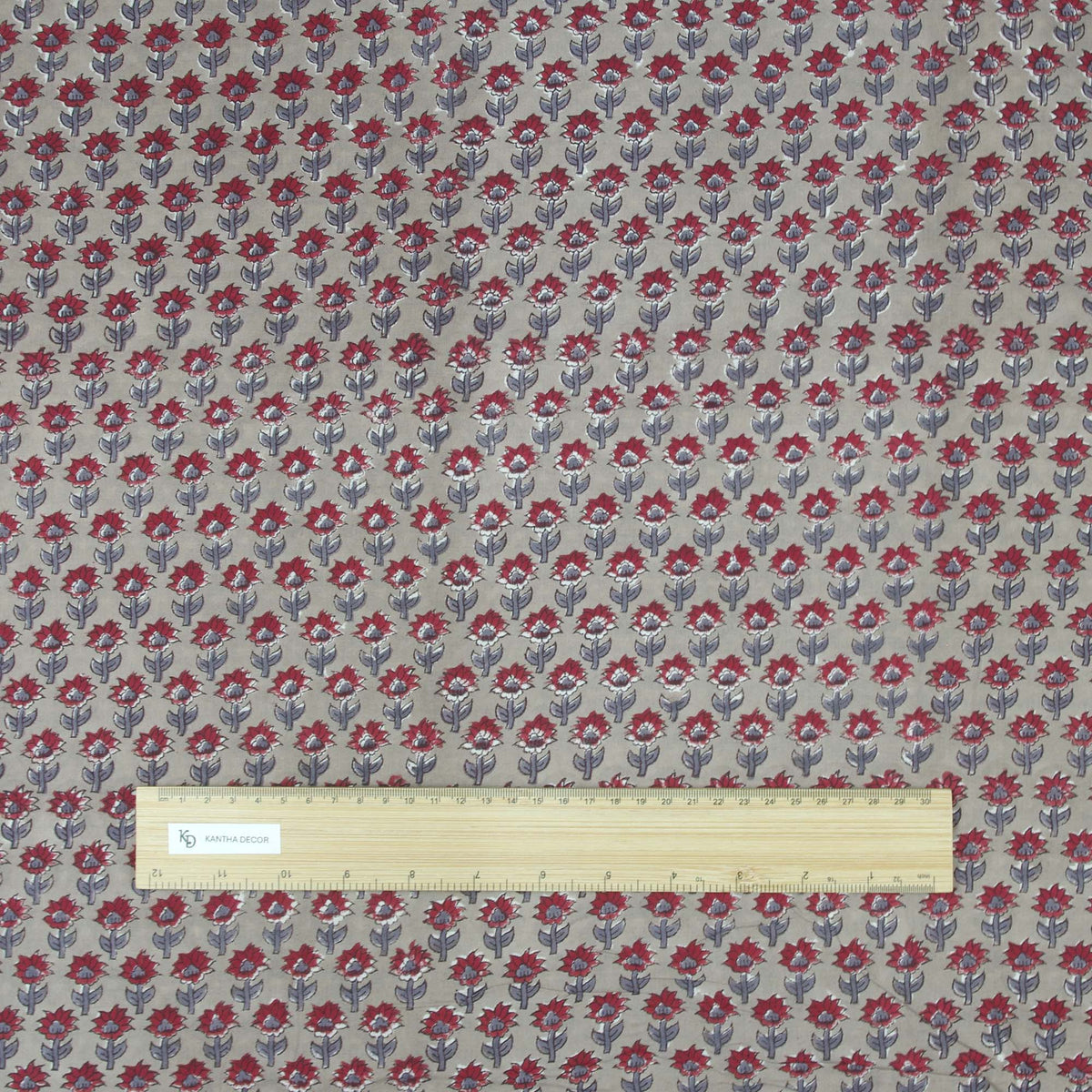 Indian Hand Block Printed 100 % Cotton Fabric- Red & Grey Floral Matrix (Design 750)