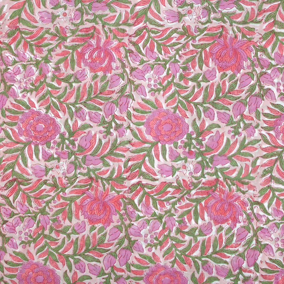 Indian Hand Block Printed 100 % Cotton Fabric- Pink & Green Floral Garden (Design 751)