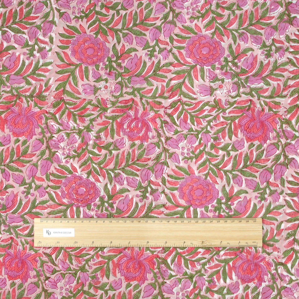 Indian Hand Block Printed 100 % Cotton Fabric- Pink & Green Floral Garden (Design 751)