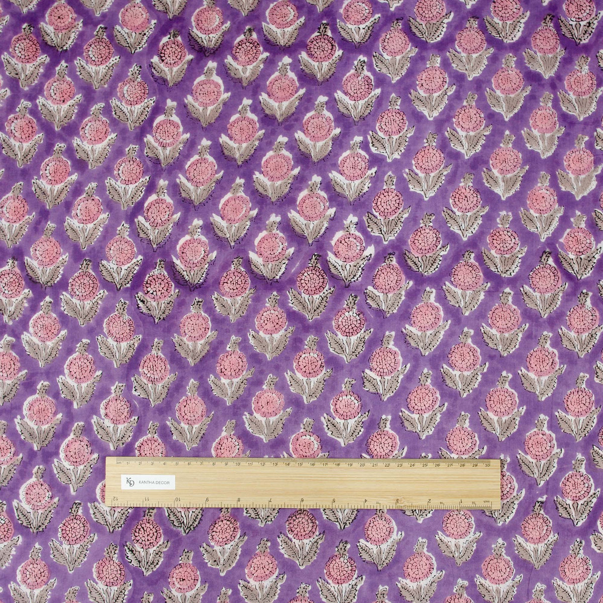 Indian Hand Block Printed 100 % Cotton Fabric - Pink Daffodil On Purple (Design 756)