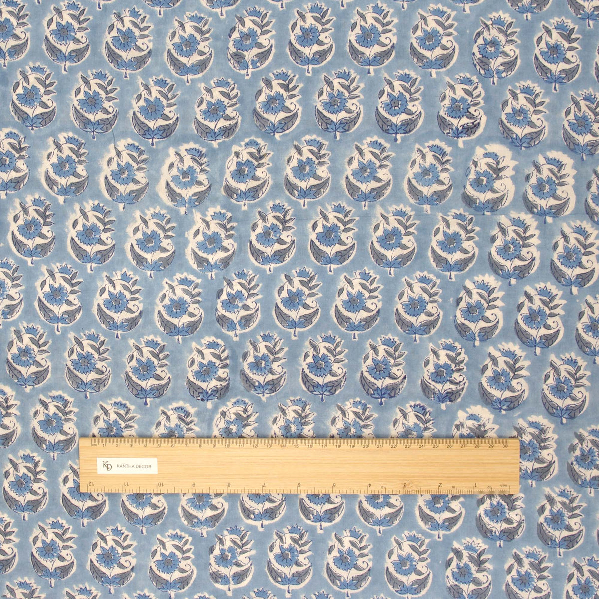 Indian Hand Block Printed 100 % Cotton Fabric - Blue Floral Magic (Design 758)