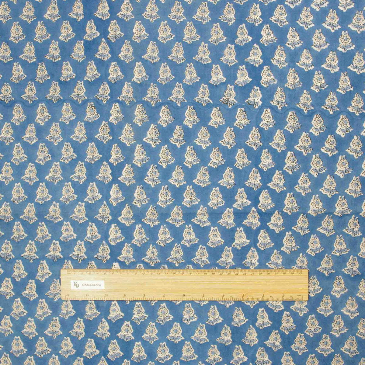 Indian Hand Block Printed 100 % Cotton Fabric - Blue Floral Booti (Design 761)
