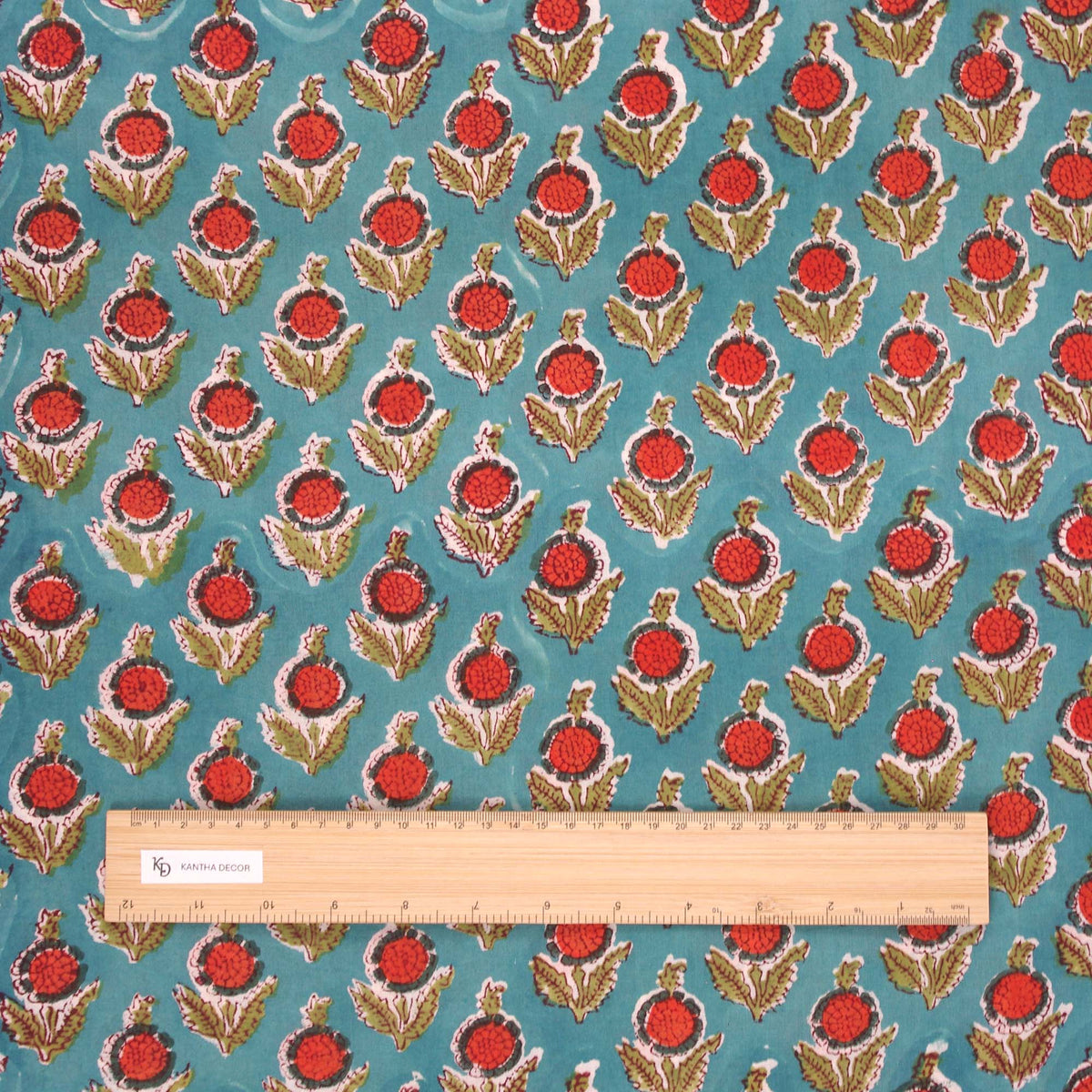 Indian Hand Block Printed 100 % Cotton Fabric - Turquoise with Coral Red Flowers(Design 763)