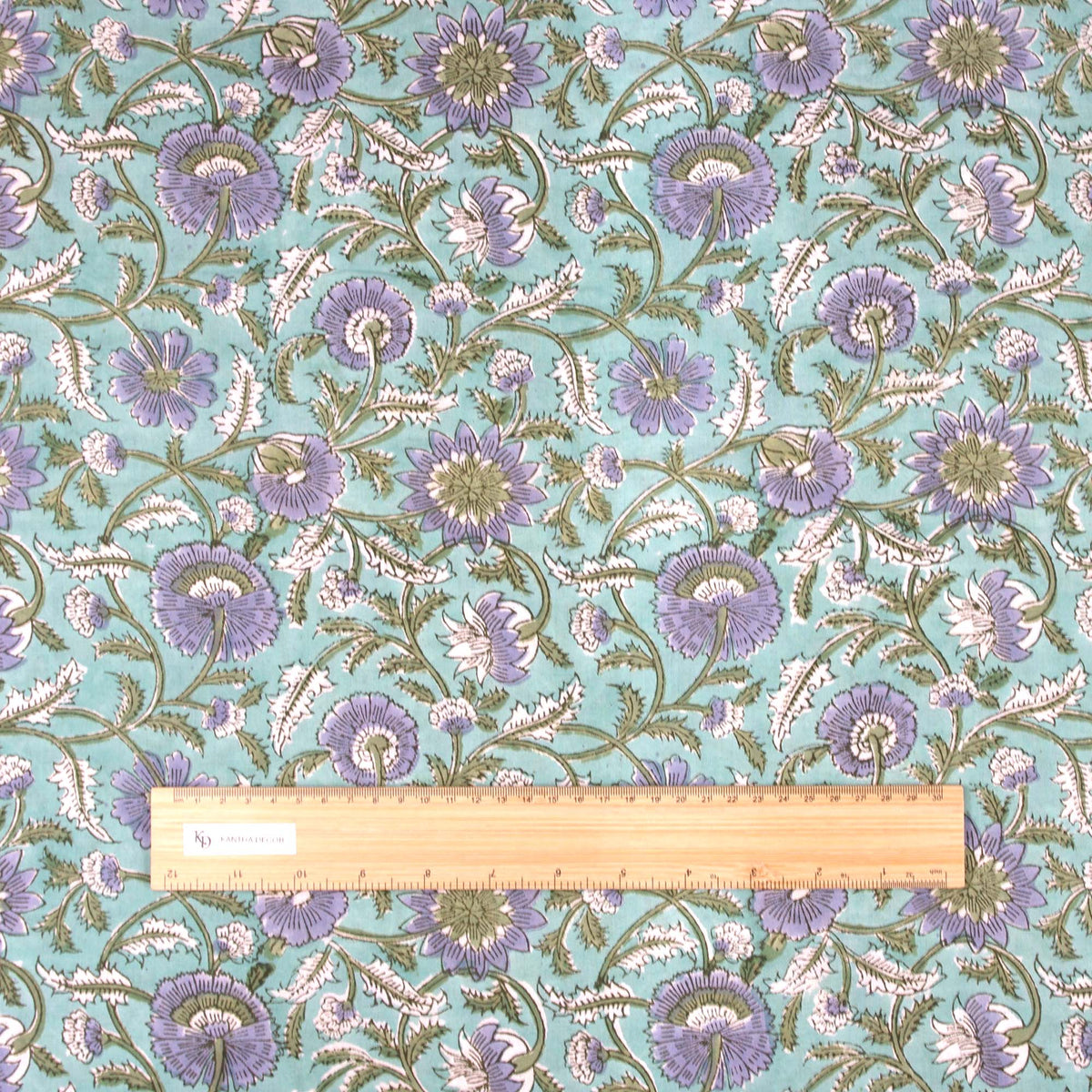 Indian Hand Block Printed 100 % Cotton Fabric - Turquoise and Purple Botanical Print (Design 764)