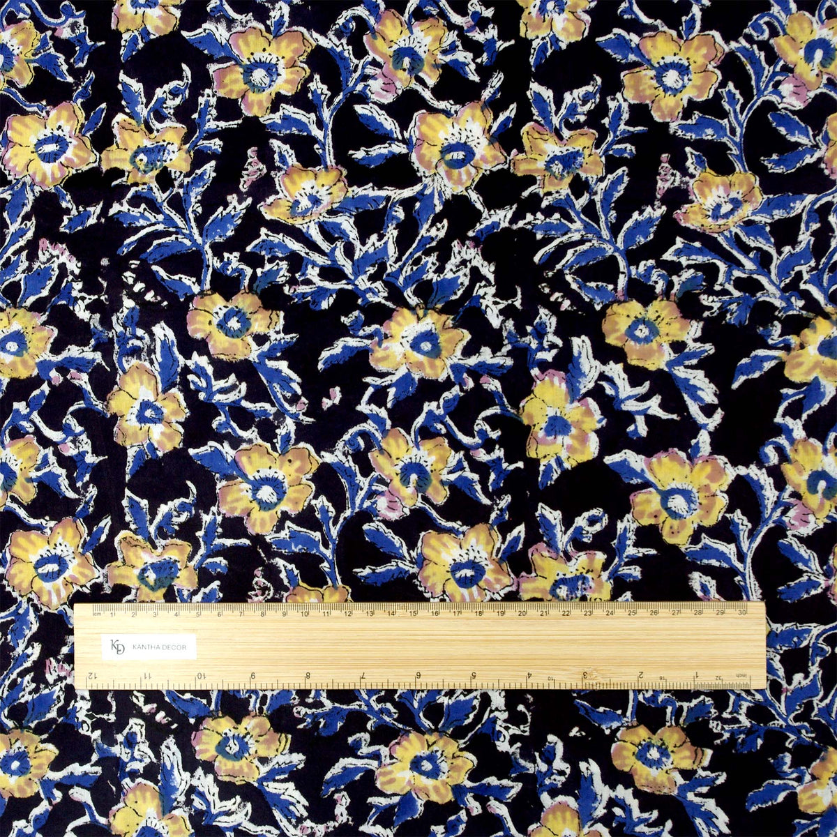 Indian Hand Block Printed 100 % Cotton Fabric - Yellow Black Floral (Design 785)