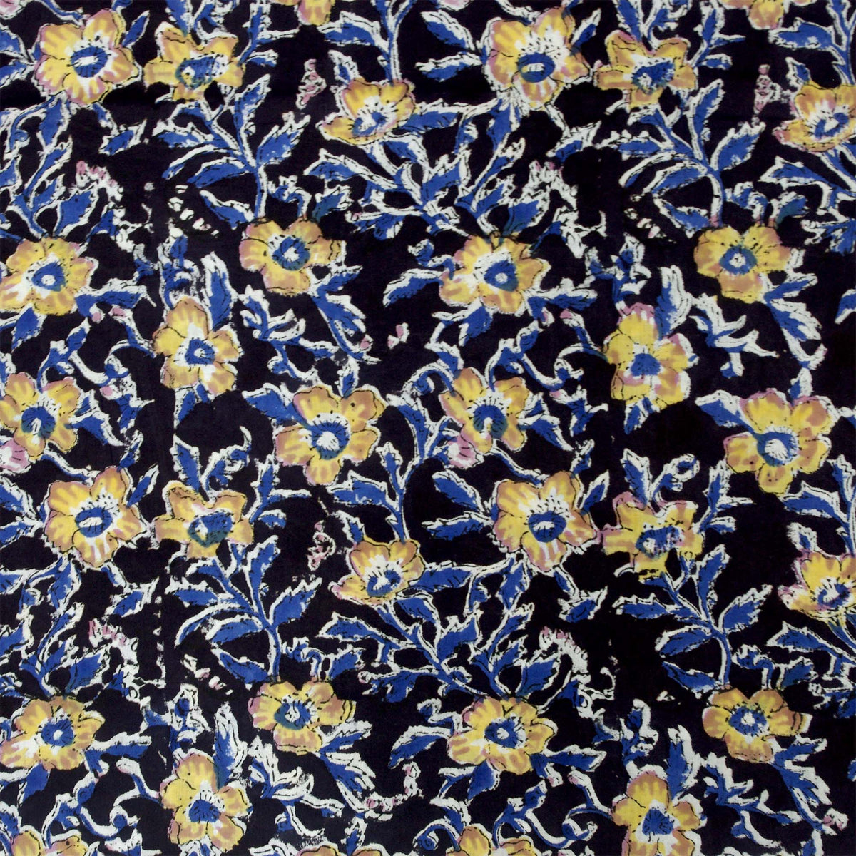 Indian Hand Block Printed 100 % Cotton Fabric - Yellow Black Floral (Design 785)