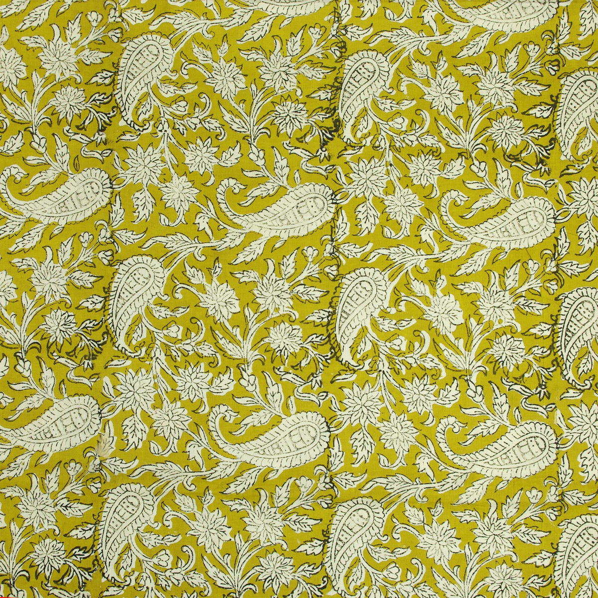 Bagru Kalamkari Print White Floral & Paisley On Mustard Women Dress Fabric Design 788