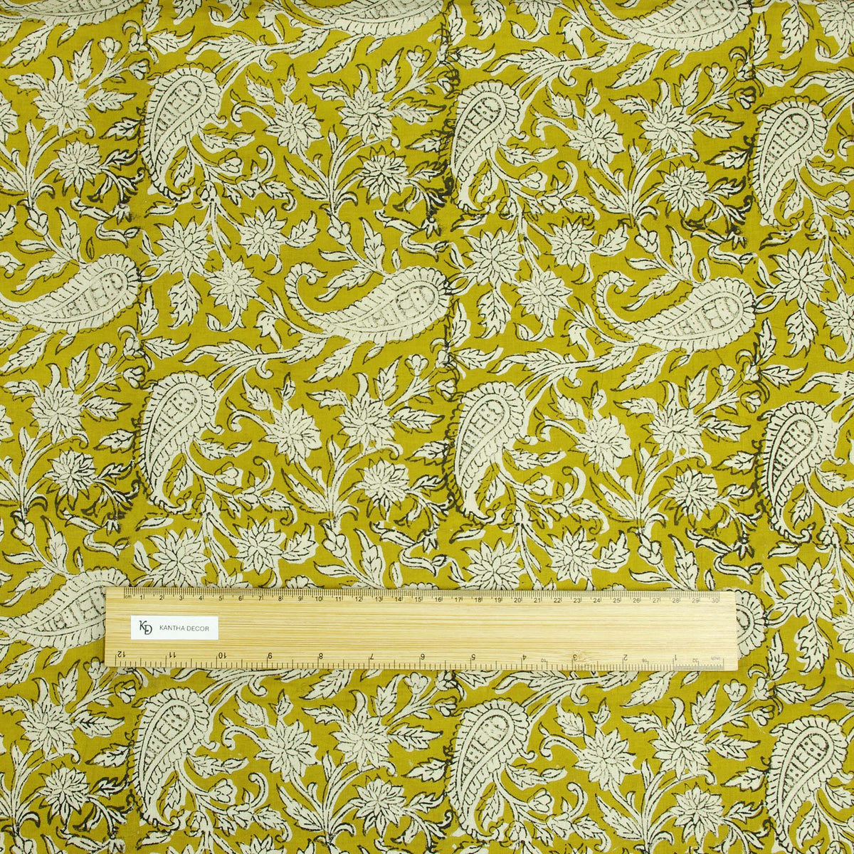 Bagru Kalamkari Print White Floral & Paisley On Mustard Women Dress Fabric Design 788