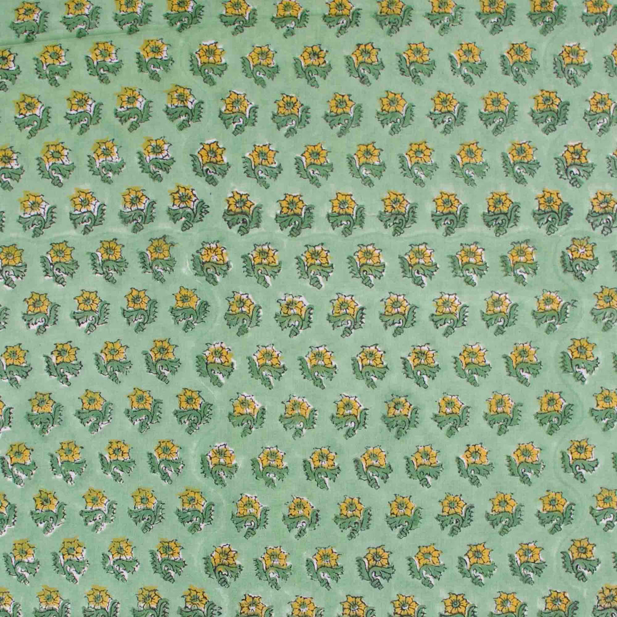 Indian Hand Block Printed 100 % Cotton Fabric- Green & Yellow Floral Booti (Design 812)