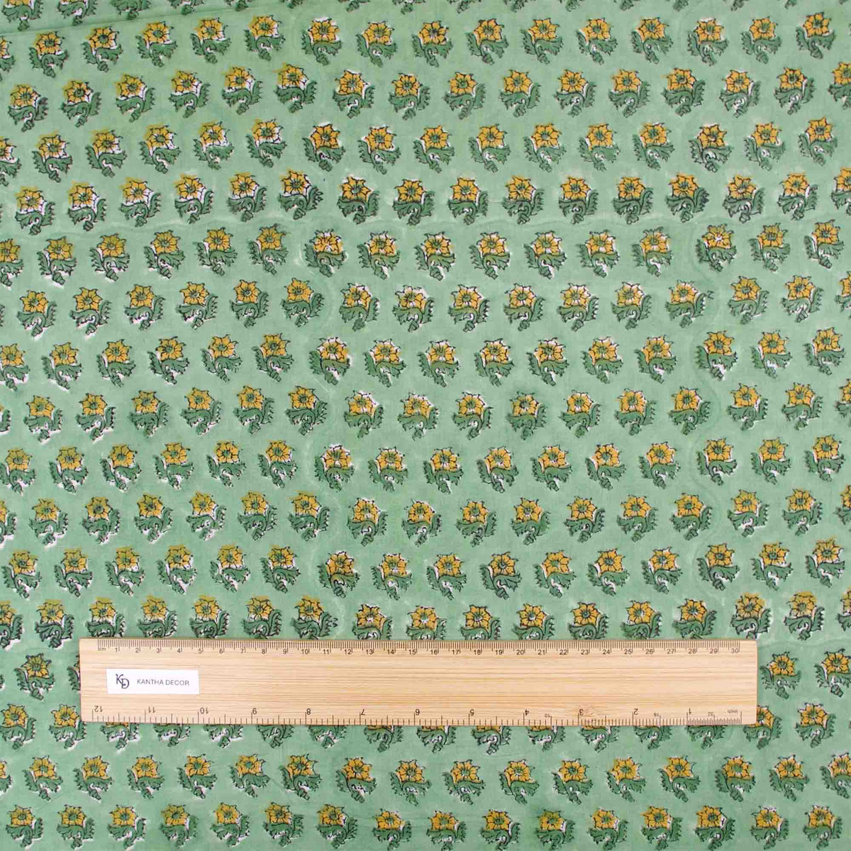 Indian Hand Block Printed 100 % Cotton Fabric- Green & Yellow Floral Booti (Design 812)