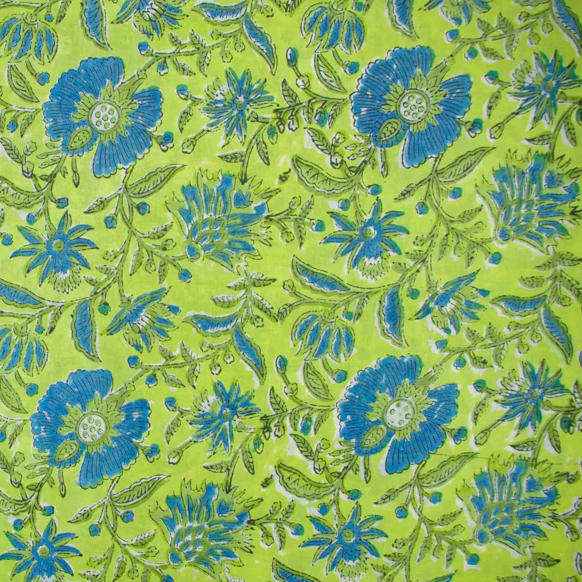 Indian Hand Block Printed 100 % Cotton Fabric- Lime Green and Blue Floral (Design 813)