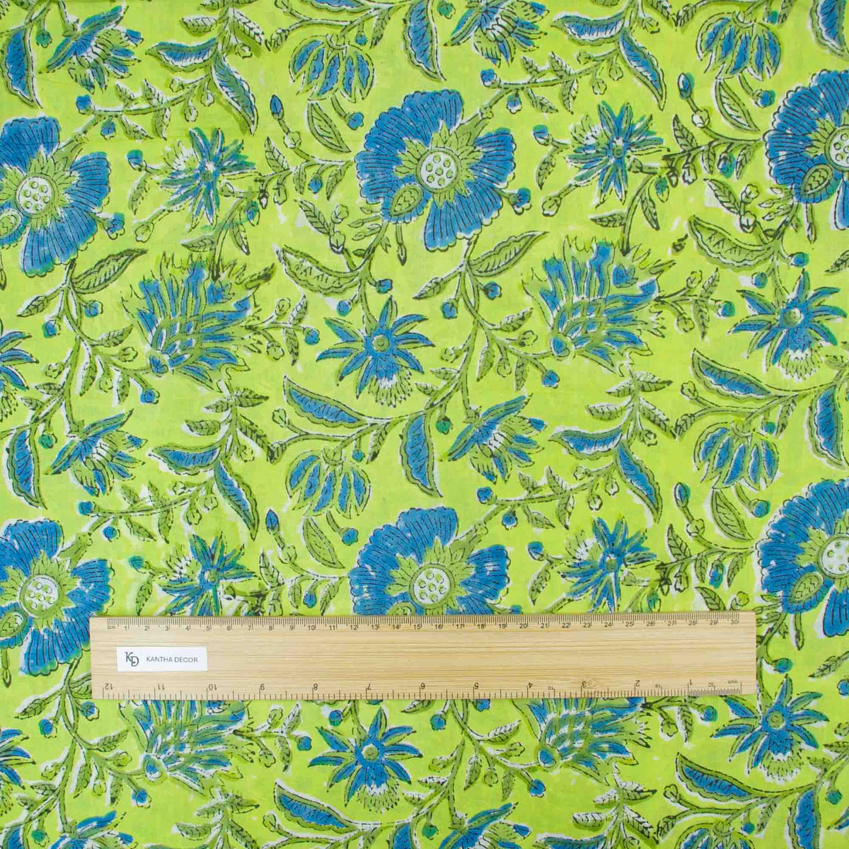 Indian Hand Block Printed 100 % Cotton Fabric- Lime Green and Blue Floral (Design 813)