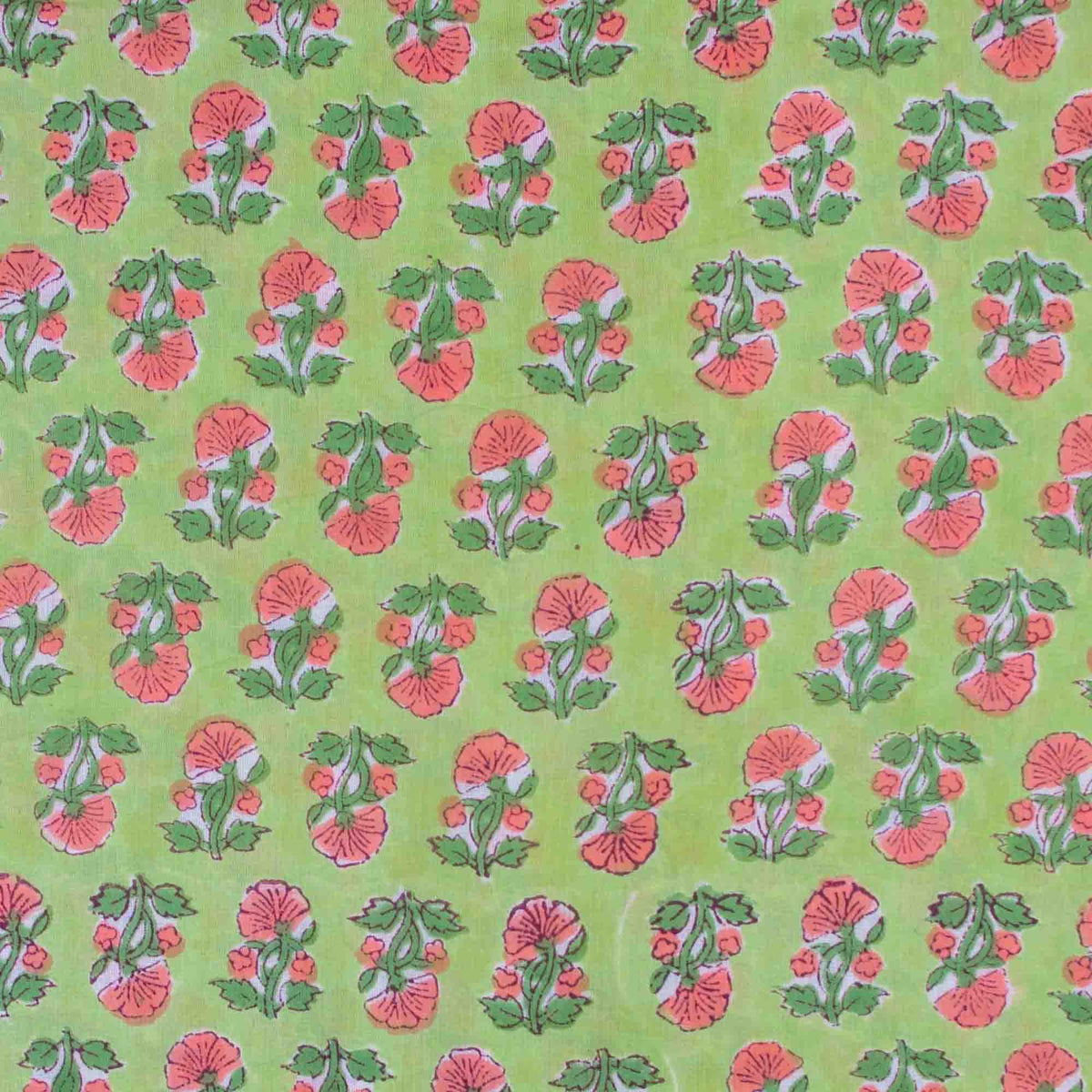 Indian Hand Block Printed 100 % Cotton Fabric- Green Background with Pink Floral (Design 814)
