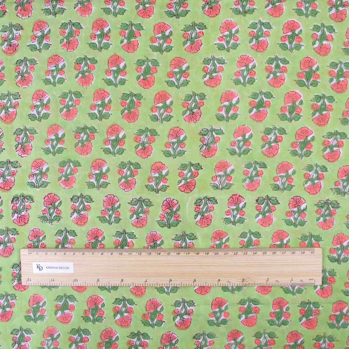 Indian Hand Block Printed 100 % Cotton Fabric- Green Background with Pink Floral (Design 814)