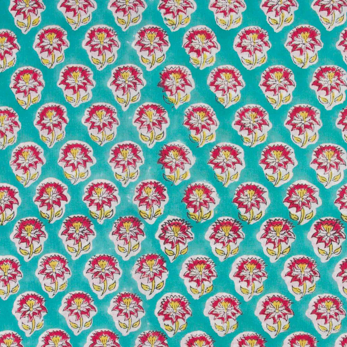 Indian Hand Block Printed 100 % Cotton Fabric- Teal and Red Floral (Design 815)