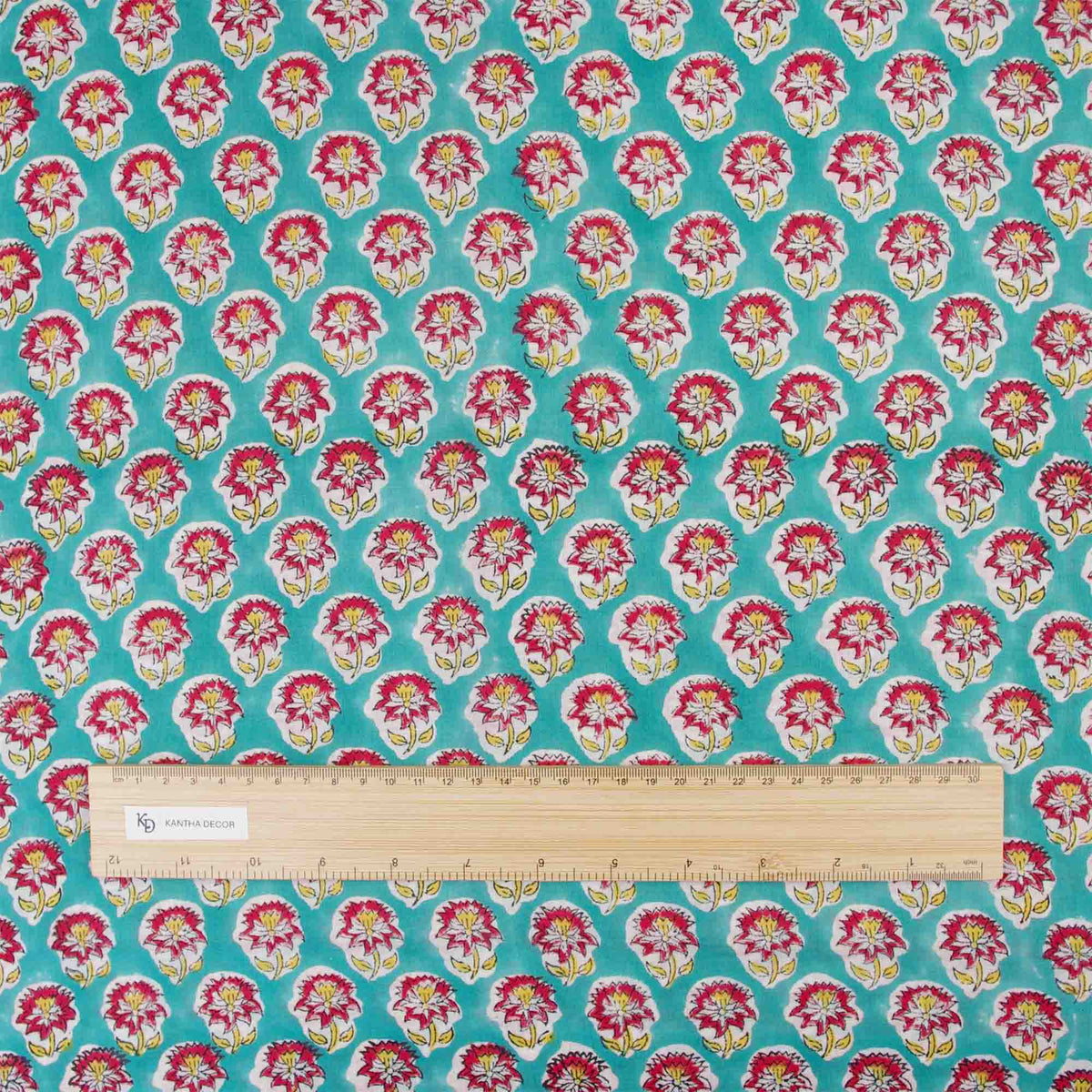 Indian Hand Block Printed 100 % Cotton Fabric- Teal and Red Floral (Design 815)