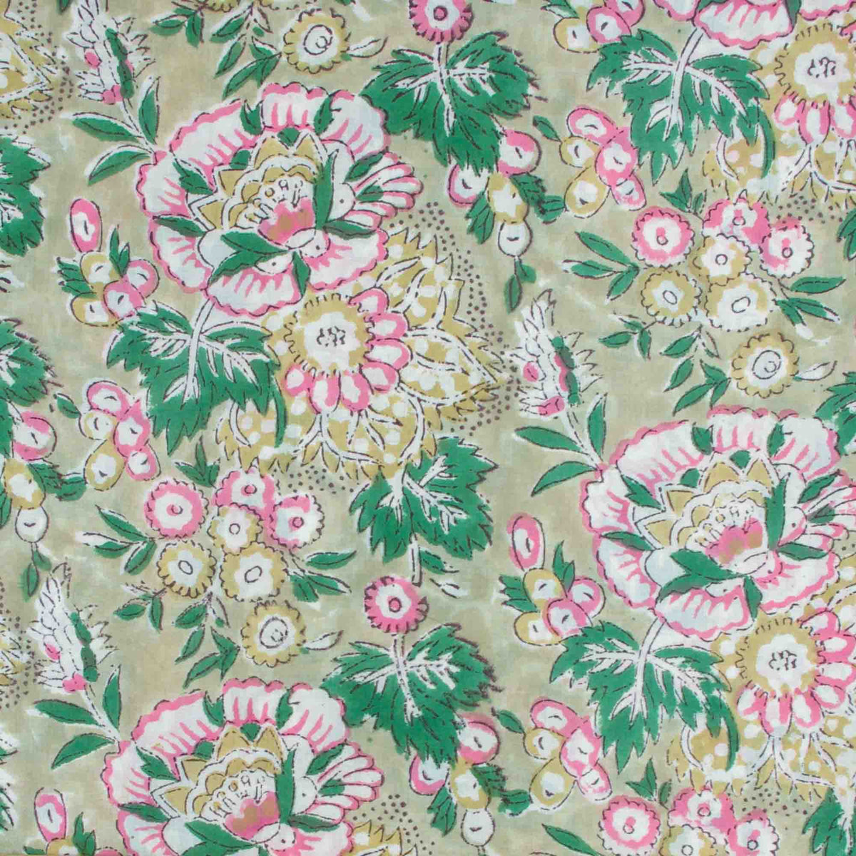 Indian Hand Block Printed 100 % Cotton Fabric- Pink and Green on Sage, Botanical Flower(Design 816)