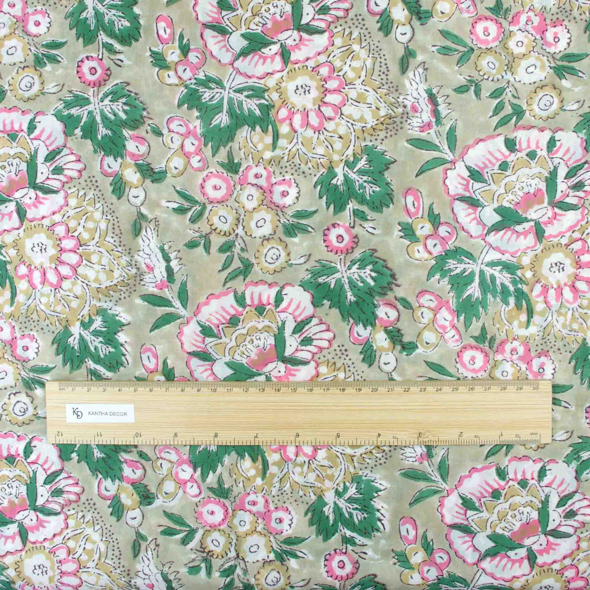 Indian Hand Block Printed 100 % Cotton Fabric- Pink and Green on Sage, Botanical Flower(Design 816)
