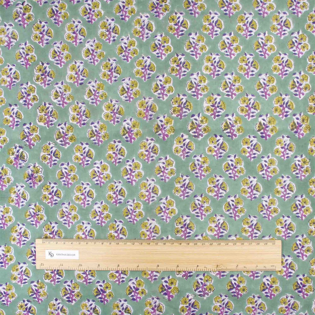 Indian Hand Block Printed 100 % Cotton Fabric-Cheerful Yellow on Mint Green(Design 817)