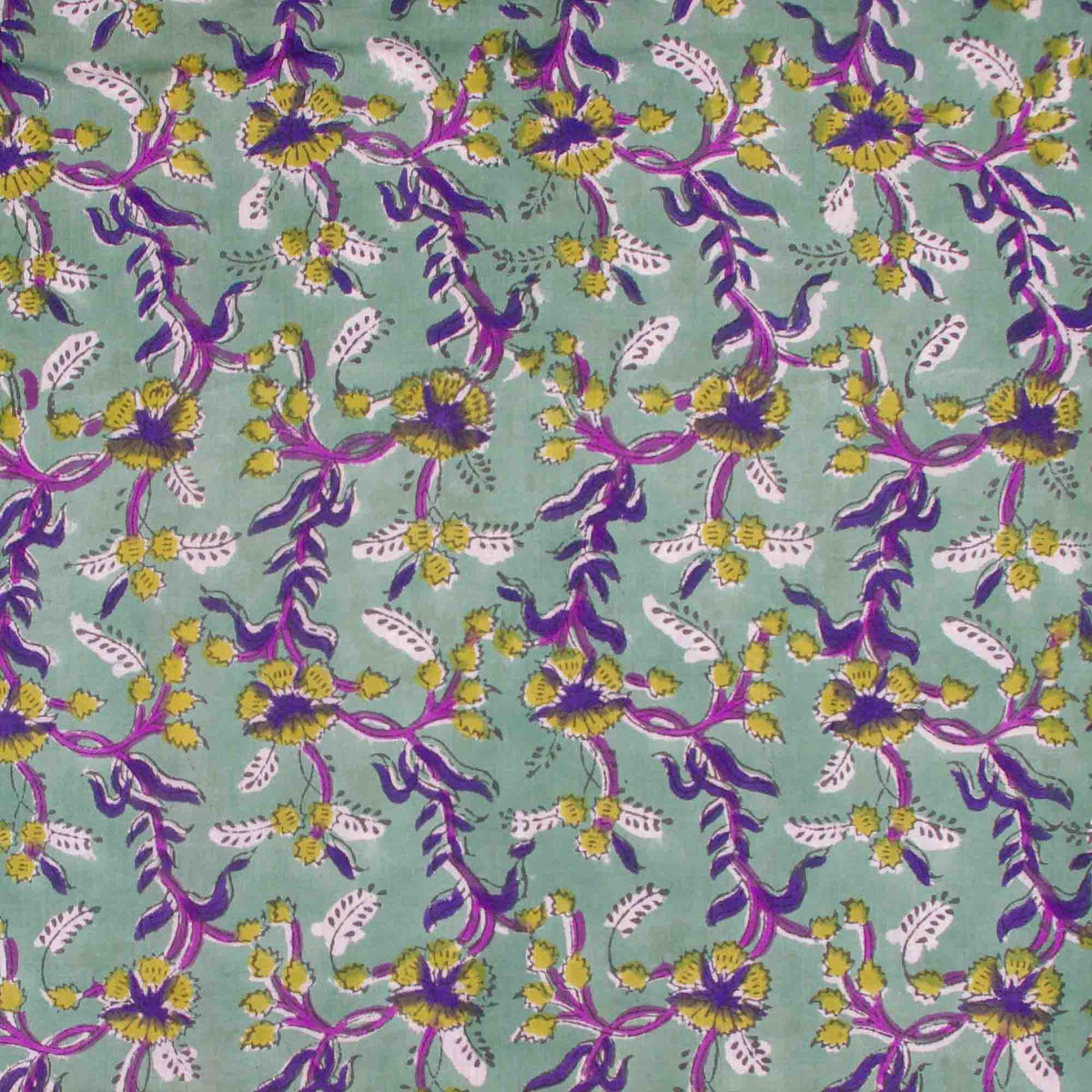 Indian Hand Block Printed 100 % Cotton Fabric- Mint Violet Bloom (Design 818)